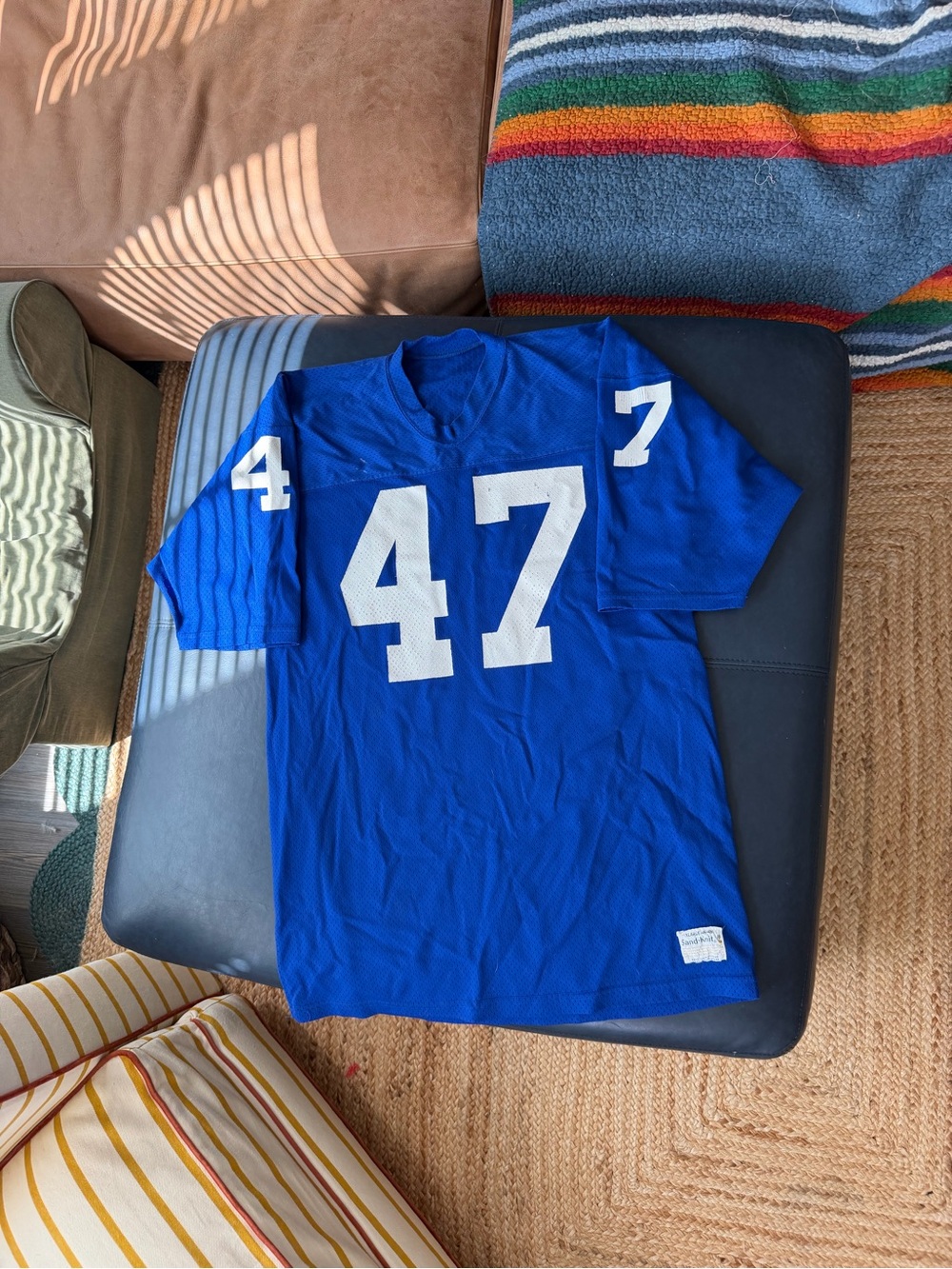 Vintage Blue Mesh Football Jersey with White Number 47
